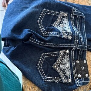 Miss Me Navy Boot Cut Jeans with Intricate Silver Detailing